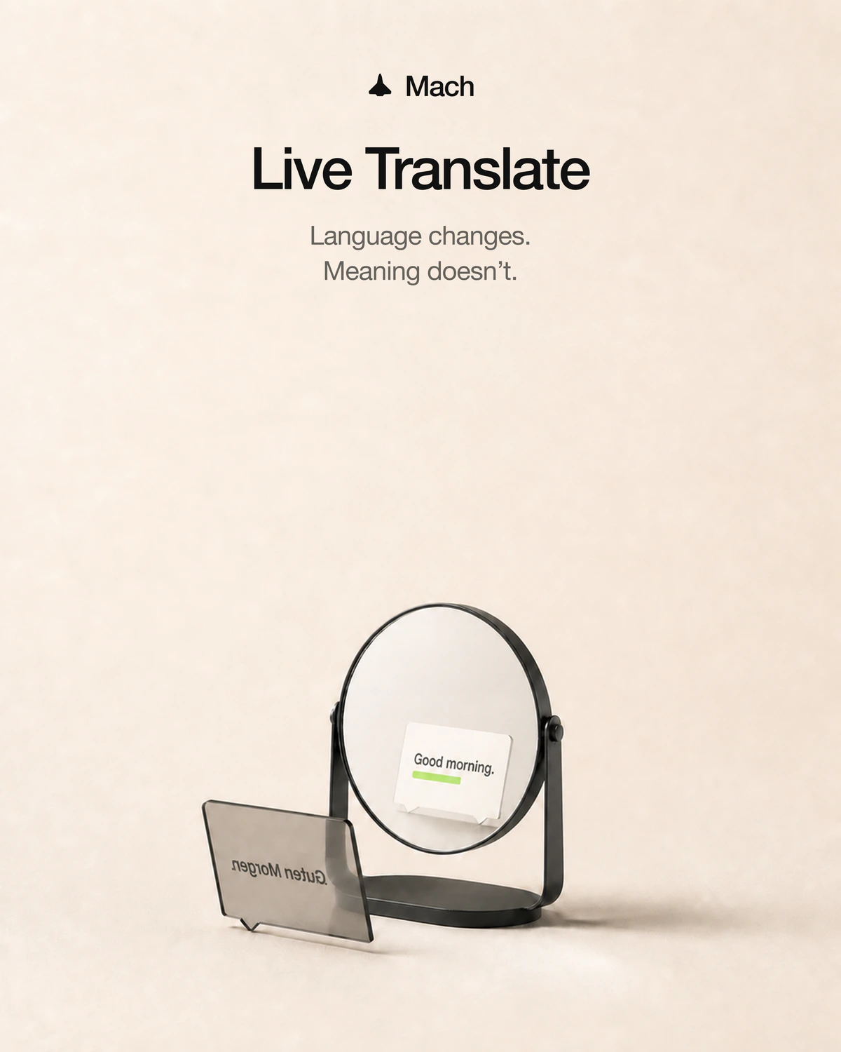 Mach Live Translate launch artwork showing a German greeting reflected as English in a mirror