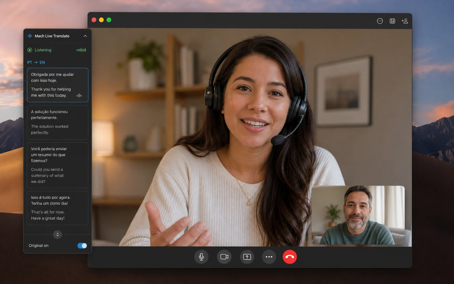 A customer support video call on a Mac with a slim Mach Live Translate shelf pairing Portuguese and English phrases