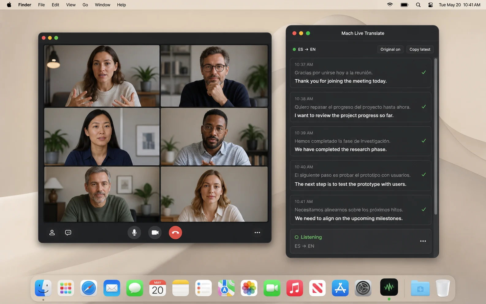 A multilingual video meeting beside a scrollable Mach Live Translate conversation window on macOS