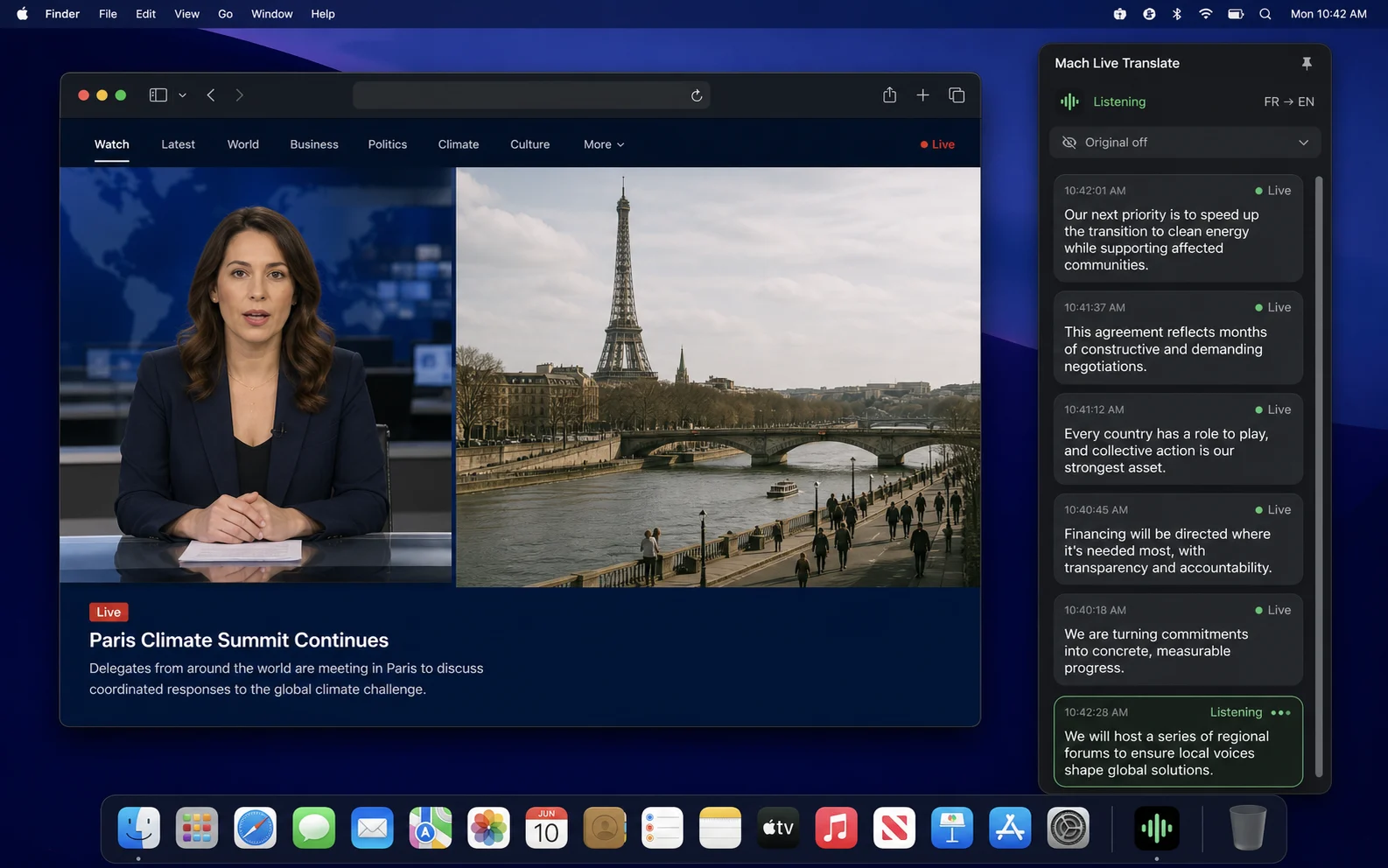 Mach Live Translate translating a live French news stream into English